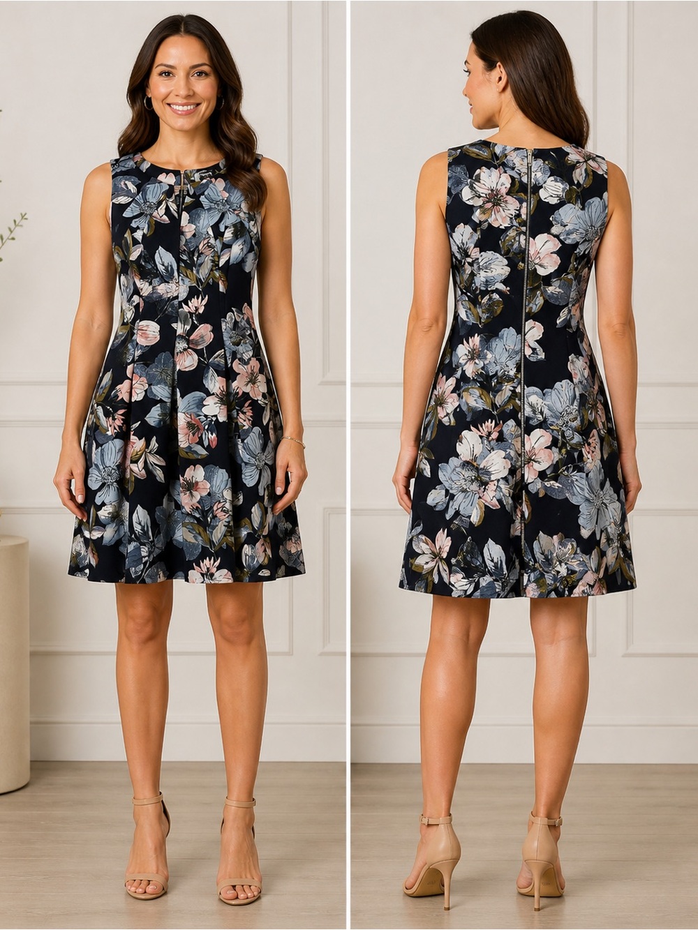 Liz Claiborne Black and Pink Floral Midi Dress